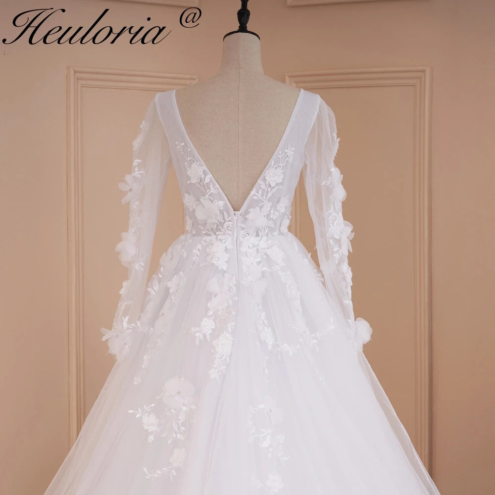 HEULORIA elegant A line wedding dress V neck long sleeve split lace beading bride dress Robe De Mariee Wedding Bride Dress AL-533