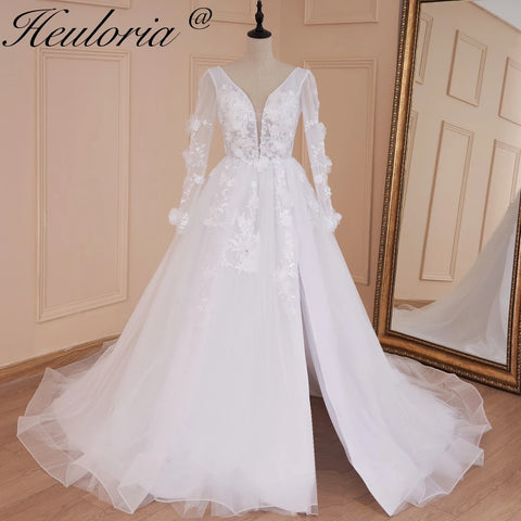 HEULORIA elegant A line wedding dress V neck long sleeve split lace beading bride dress Robe De Mariee Wedding Bride Dress