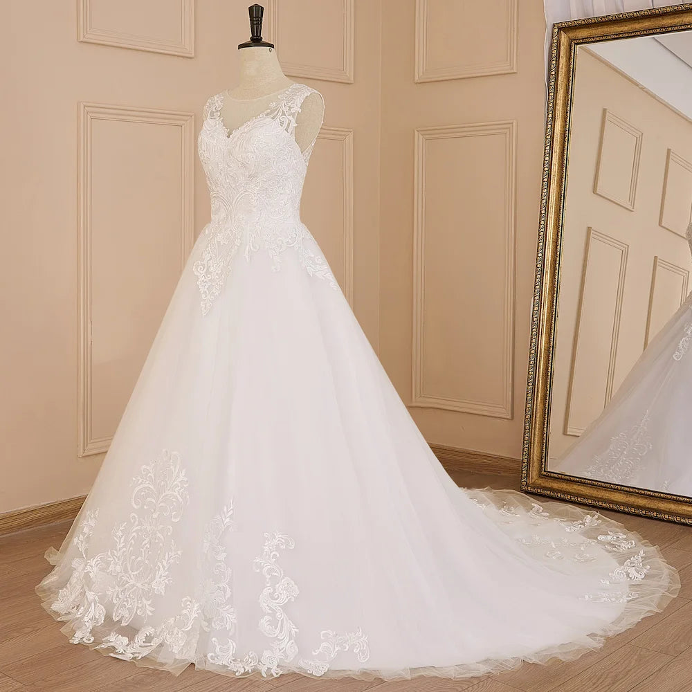 HEULORIA A-line Court Train Tulle Lace Wedding Dress With Sequins AL-614