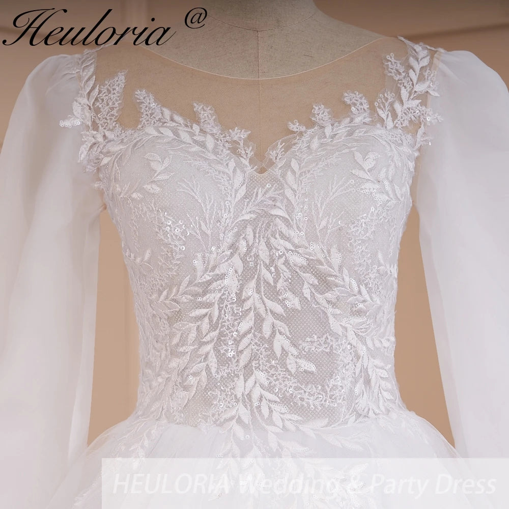 HEULORIA elegant A line long sleeve Court Train Tulle Lace Wedding Dress With Sequins BA-571