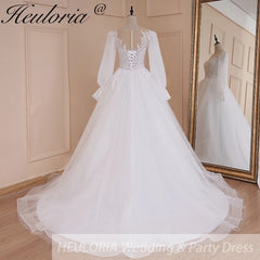 HEULORIA elegant A line long sleeve Court Train Tulle Lace Wedding Dress With Sequins