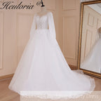 HEULORIA elegant A line long sleeve Court Train Tulle Lace Wedding Dress With Sequins BA-571