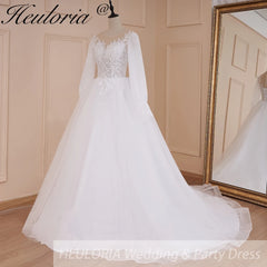 HEULORIA elegant A line long sleeve Court Train Tulle Lace Wedding Dress With Sequins