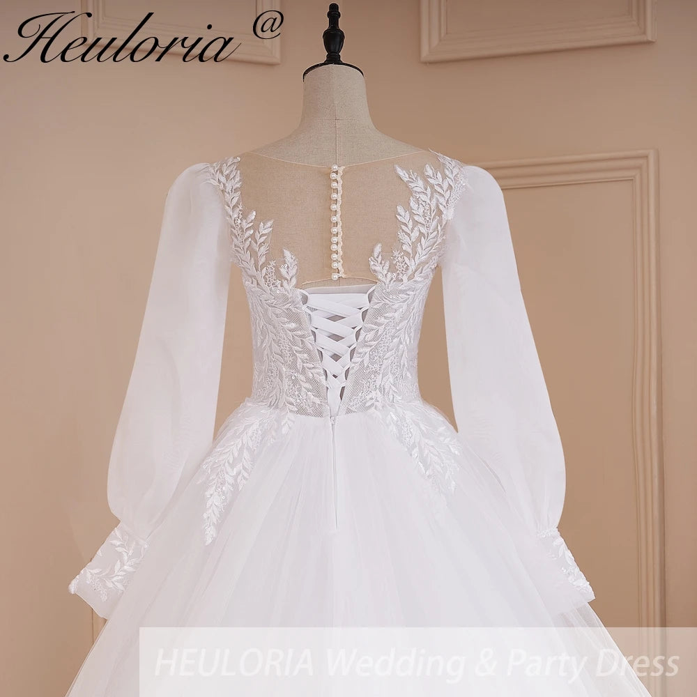 HEULORIA elegant A line long sleeve Court Train Tulle Lace Wedding Dress With Sequins BA-571