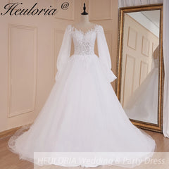 HEULORIA elegant A line long sleeve Court Train Tulle Lace Wedding Dress With Sequins