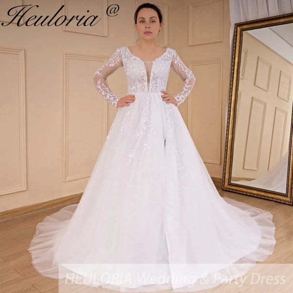 HEULORIA elegant A line long sleeve Court Train Tulle Lace Wedding Dress With Sequins
