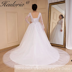 HEULORIA elegant A line long sleeve Court Train Tulle Lace Wedding Dress With Sequins AL-534A