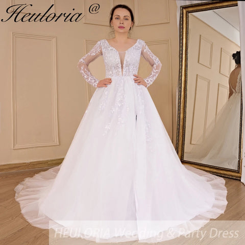 HEULORIA elegant A line long sleeve Court Train Tulle Lace Wedding Dress With Sequins
