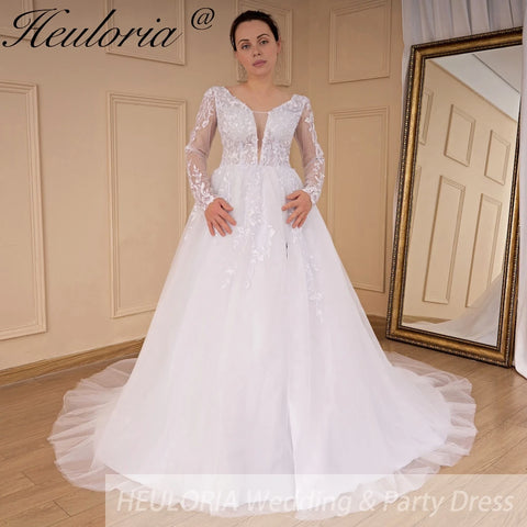 HEULORIA elegant A line long sleeve Court Train Tulle Lace Wedding Dress With Sequins
