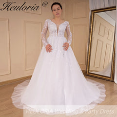 HEULORIA elegant A line long sleeve Court Train Tulle Lace Wedding Dress With Sequins AL-534