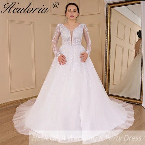 HEULORIA elegant A line long sleeve Court Train Tulle Lace Wedding Dress With Sequins