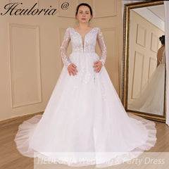 HEULORIA elegant A line long sleeve Court Train Tulle Lace Wedding Dress With Sequins AL-534A