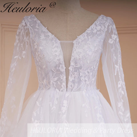 HEULORIA elegant A line long sleeve Court Train Tulle Lace Wedding Dress With Sequins