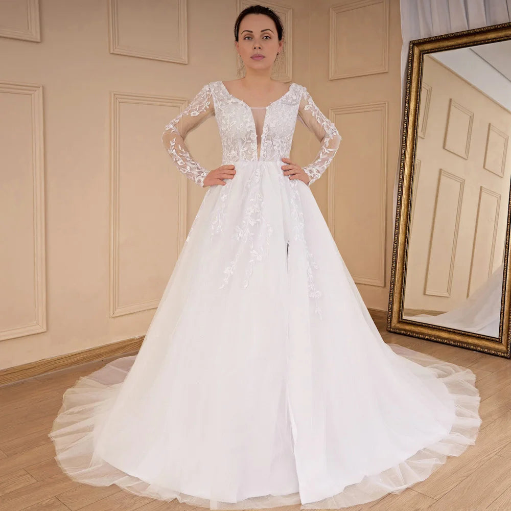 HEULORIA elegant A line long sleeve Court Train Tulle Lace Wedding Dress With Sequins AL-534A