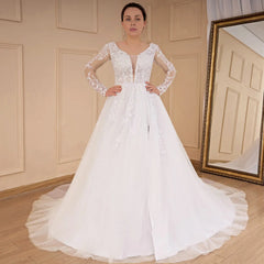 HEULORIA elegant A line long sleeve Court Train Tulle Lace Wedding Dress With Sequins AL-534A