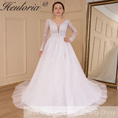 HEULORIA elegant A line long sleeve Court Train Tulle Lace Wedding Dress With Sequins AL-534A
