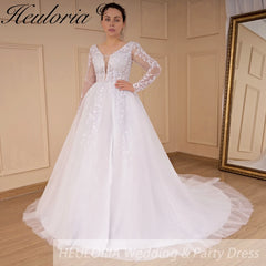 HEULORIA elegant A line long sleeve Court Train Tulle Lace Wedding Dress With Sequins AL-534