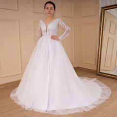 HEULORIA elegant A line long sleeve Court Train Tulle Lace Wedding Dress With Sequins AL-534A