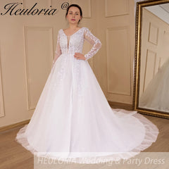 HEULORIA elegant A line long sleeve Court Train Tulle Lace Wedding Dress With Sequins AL-534A