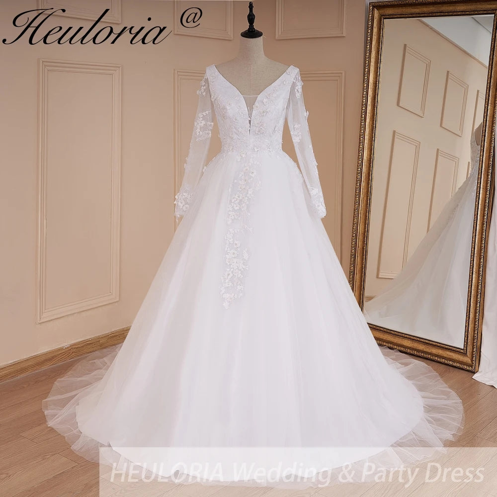 HEULORIA elegant A line long sleeve Court Train Tulle Lace Wedding Dress With Sequins Beading AL-577