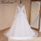 HEULORIA elegant A line long sleeve Court Train Tulle Lace Wedding Dress With Sequins Beading AL-577