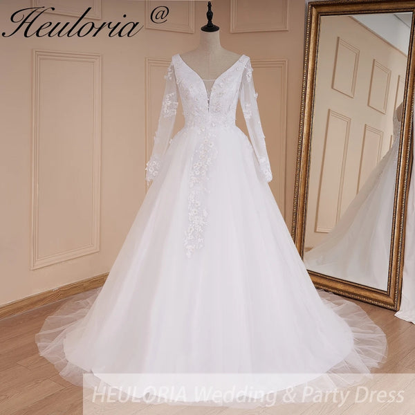 HEULORIA elegant A line long sleeve Court Train Tulle Lace Wedding Dress With Sequins Beading