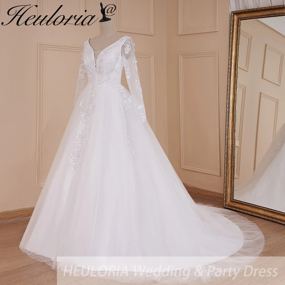 HEULORIA elegant A line long sleeve Court Train Tulle Lace Wedding Dress With Sequins Beading AL-577