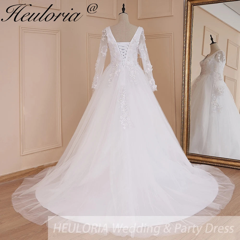 HEULORIA elegant A line long sleeve Court Train Tulle Lace Wedding Dress With Sequins Beading AL-577