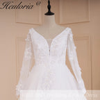 HEULORIA elegant A line long sleeve Court Train Tulle Lace Wedding Dress With Sequins Beading AL-577