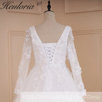 HEULORIA elegant A line long sleeve Court Train Tulle Lace Wedding Dress With Sequins Beading AL-577