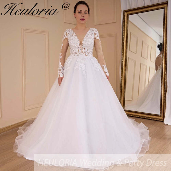 HEULORIA elegant A line long sleeve Court Train Tulle Lace Wedding Dress With Sequins Beading