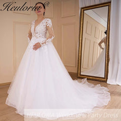 HEULORIA elegant A line long sleeve Court Train Tulle Lace Wedding Dress With Sequins Beading AL-532