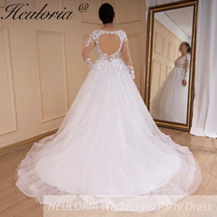 HEULORIA elegant A line long sleeve Court Train Tulle Lace Wedding Dress With Sequins Beading AL-532