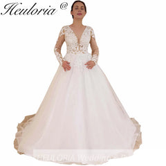 HEULORIA elegant A line long sleeve Court Train Tulle Lace Wedding Dress With Sequins Beading AL-532