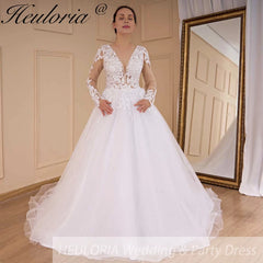 HEULORIA elegant A line long sleeve Court Train Tulle Lace Wedding Dress With Sequins Beading AL-532
