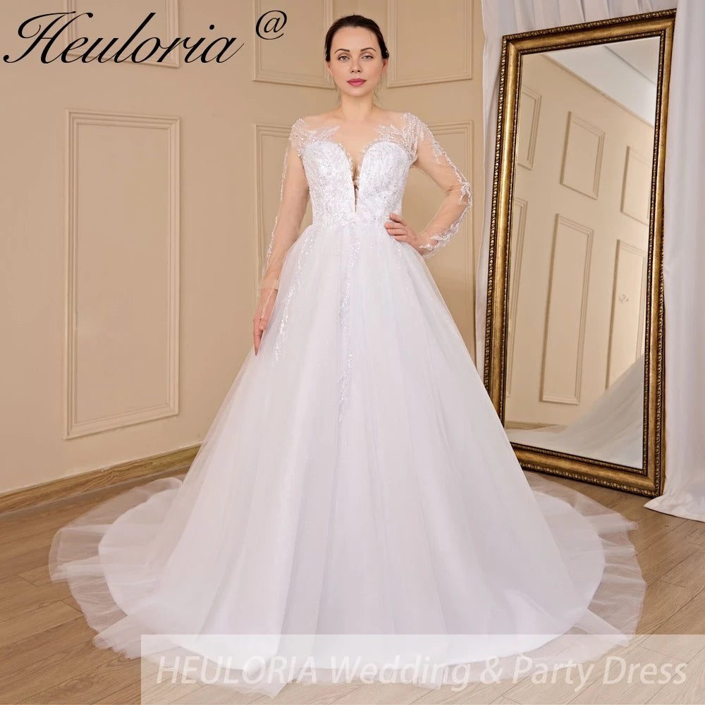 HEULORIA elegant A line long sleeve Court Train Tulle Lace Wedding Dress With Sequins Beading AL-723