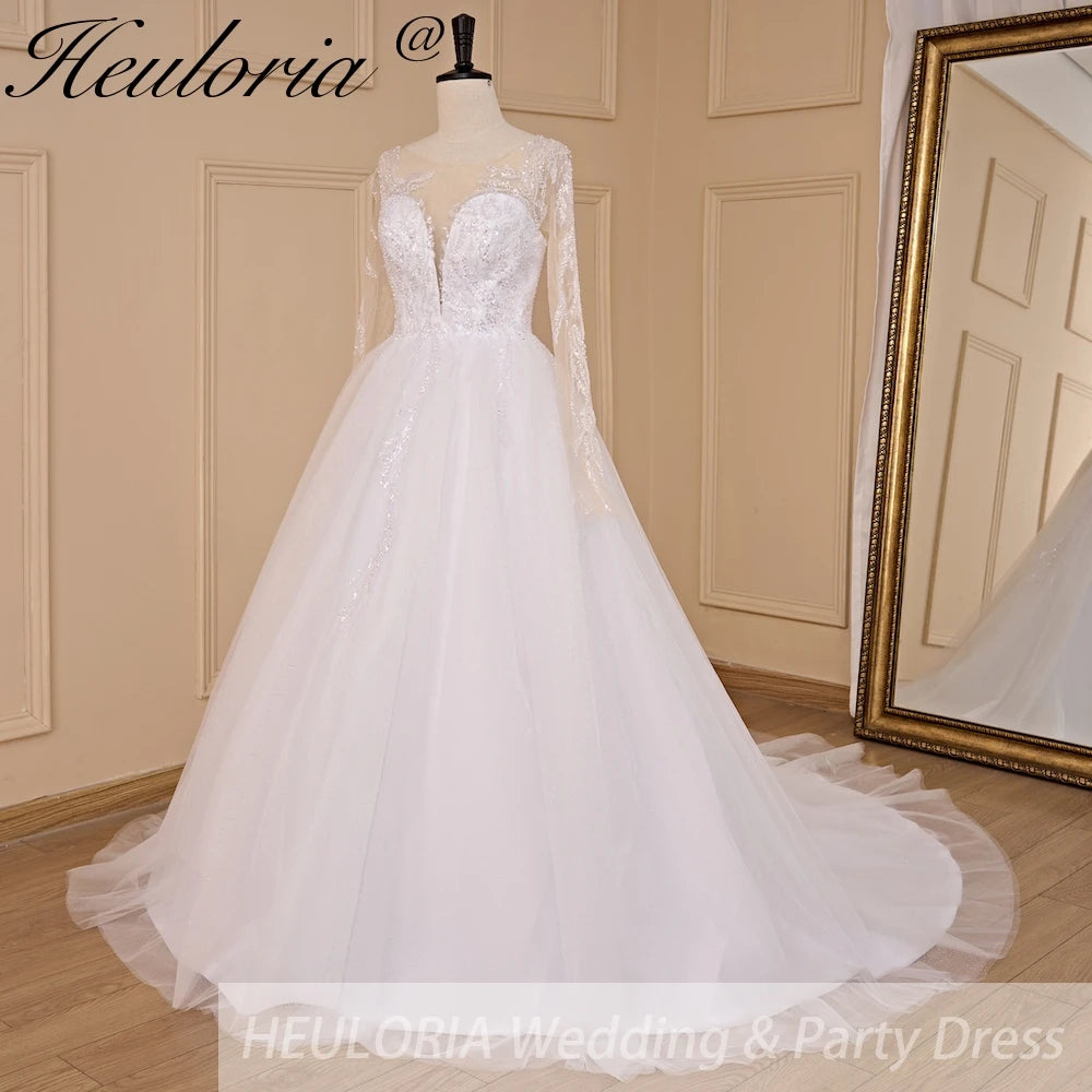 HEULORIA elegant A line long sleeve Court Train Tulle Lace Wedding Dress With Sequins Beading AL-723A