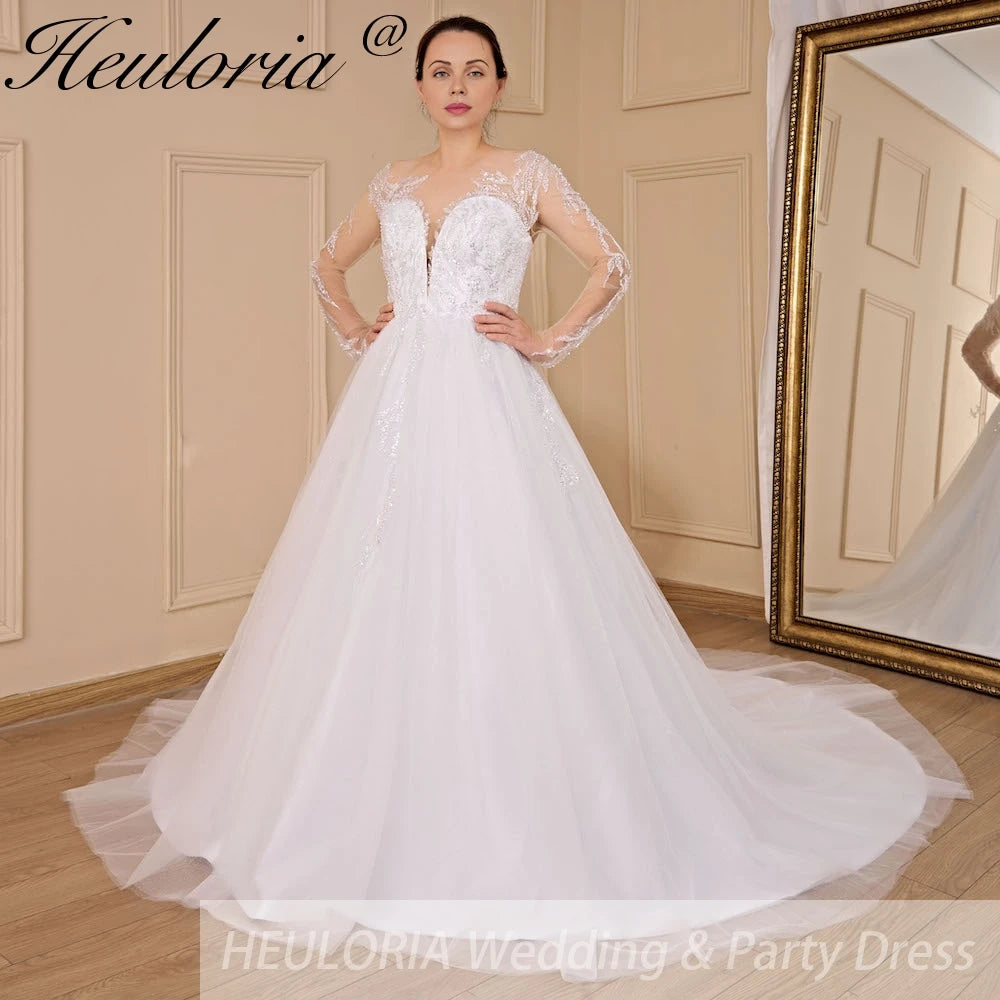 HEULORIA elegant A line long sleeve Court Train Tulle Lace Wedding Dress With Sequins Beading AL-723