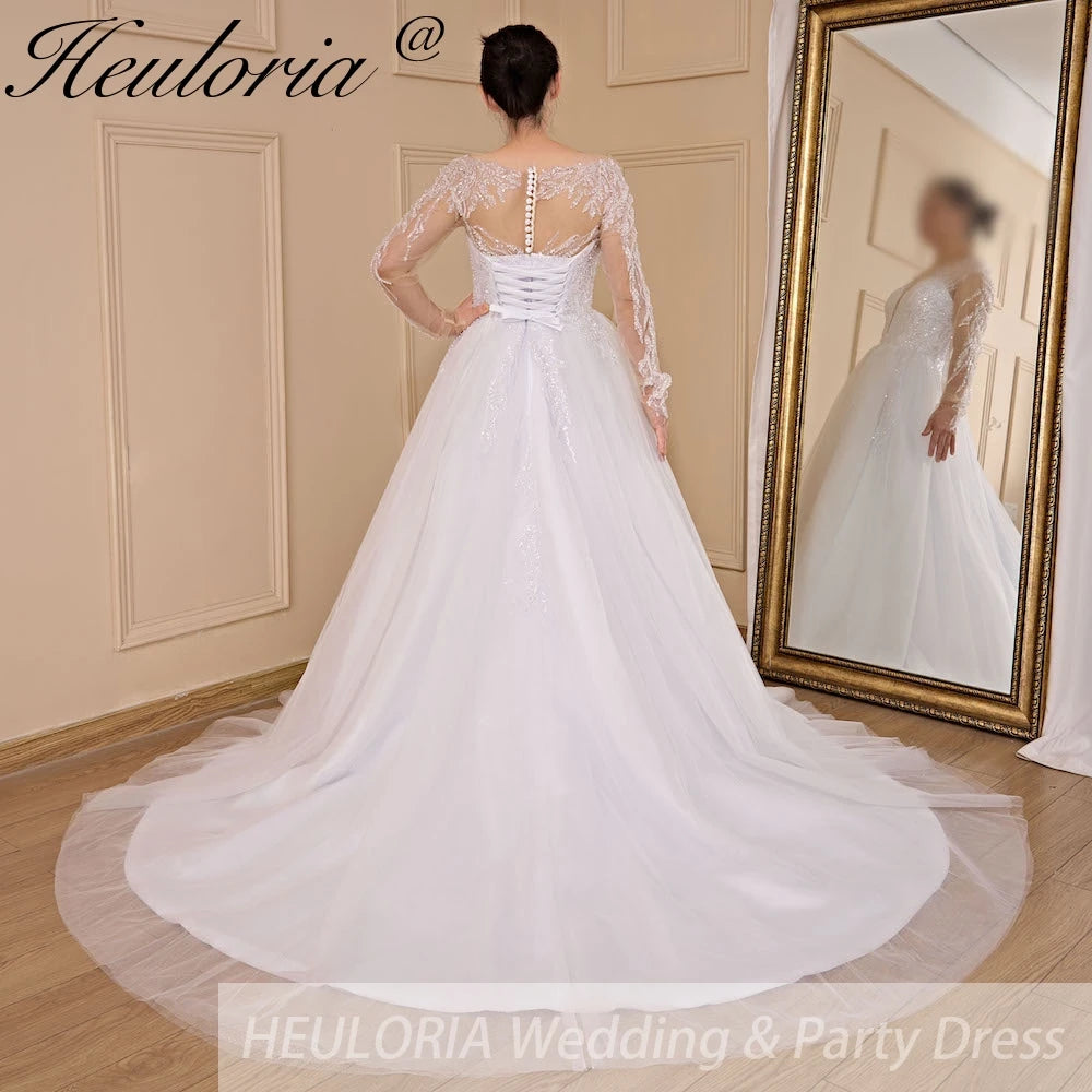 HEULORIA elegant A line long sleeve Court Train Tulle Lace Wedding Dress With Sequins Beading AL-723