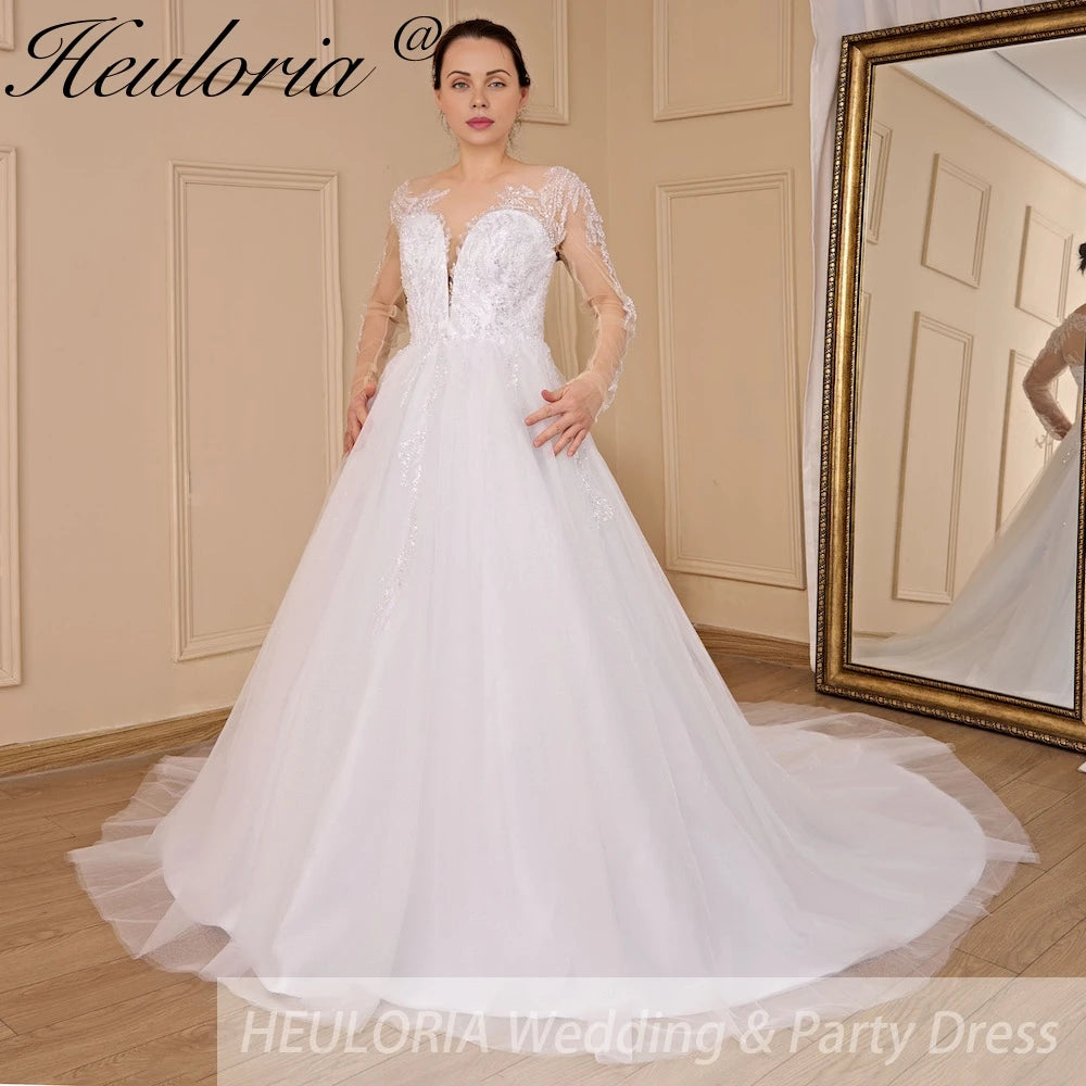 HEULORIA elegant A line long sleeve Court Train Tulle Lace Wedding Dress With Sequins Beading AL-723