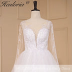 HEULORIA elegant A line long sleeve Court Train Tulle Lace Wedding Dress With Sequins Beading AL-723A