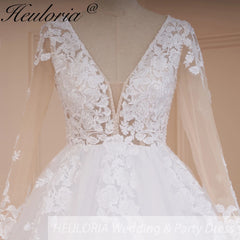 HEULORIA elegant A line long sleeve Court Train Tulle Lace Wedding Dress With Sequins Beading AL-532
