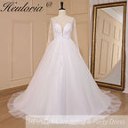 HEULORIA elegant A line long sleeve Court Train Tulle Lace Wedding Dress With Sequins Beading AL-723A