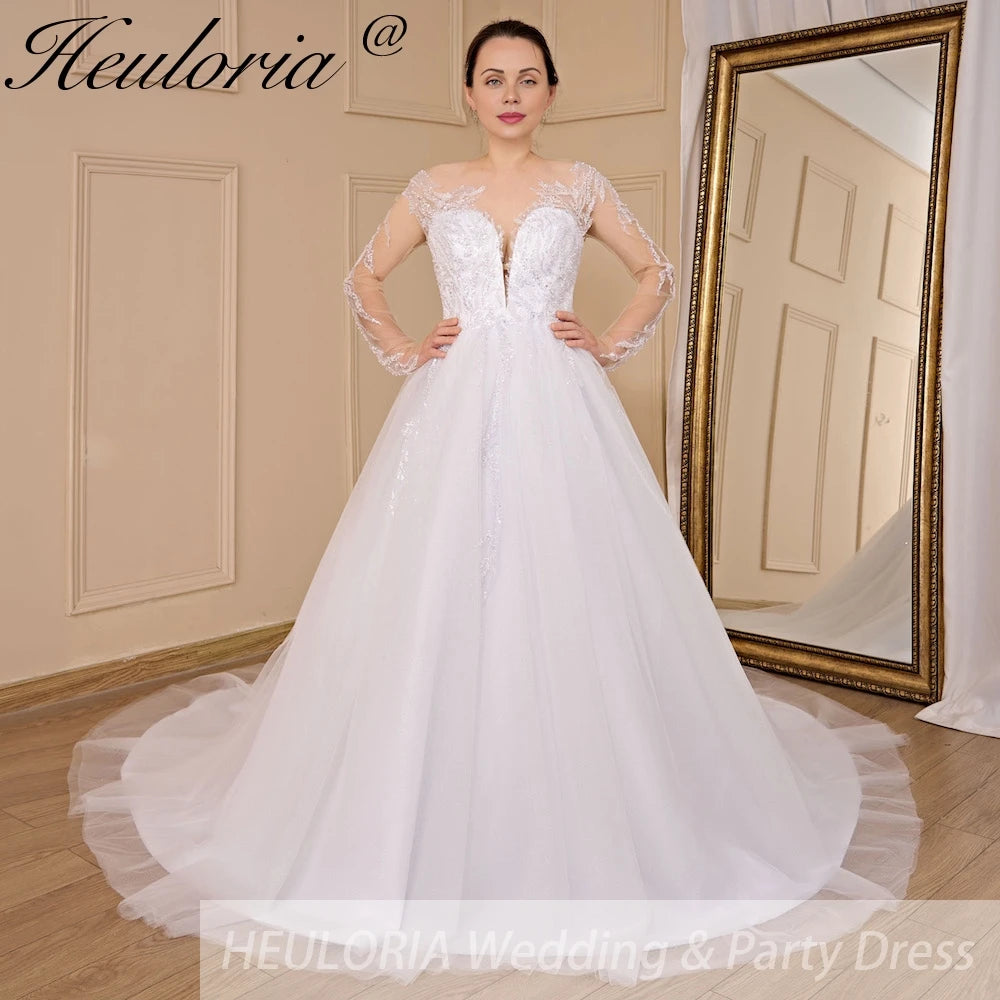HEULORIA elegant A line long sleeve Court Train Tulle Lace Wedding Dress With Sequins Beading AL-723