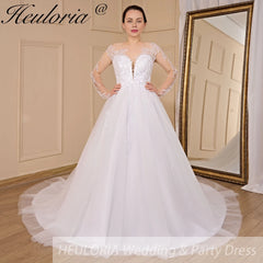 HEULORIA elegant A line long sleeve Court Train Tulle Lace Wedding Dress With Sequins Beading AL-723