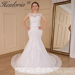 HEULORIA elegant Mermaid Wedding Dresses O neck lace applique Bride dres Robe de mariage customize ME-619