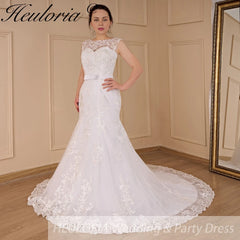 HEULORIA elegant Mermaid Wedding Dresses O neck lace applique Bride dres Robe de mariage customize ME-619