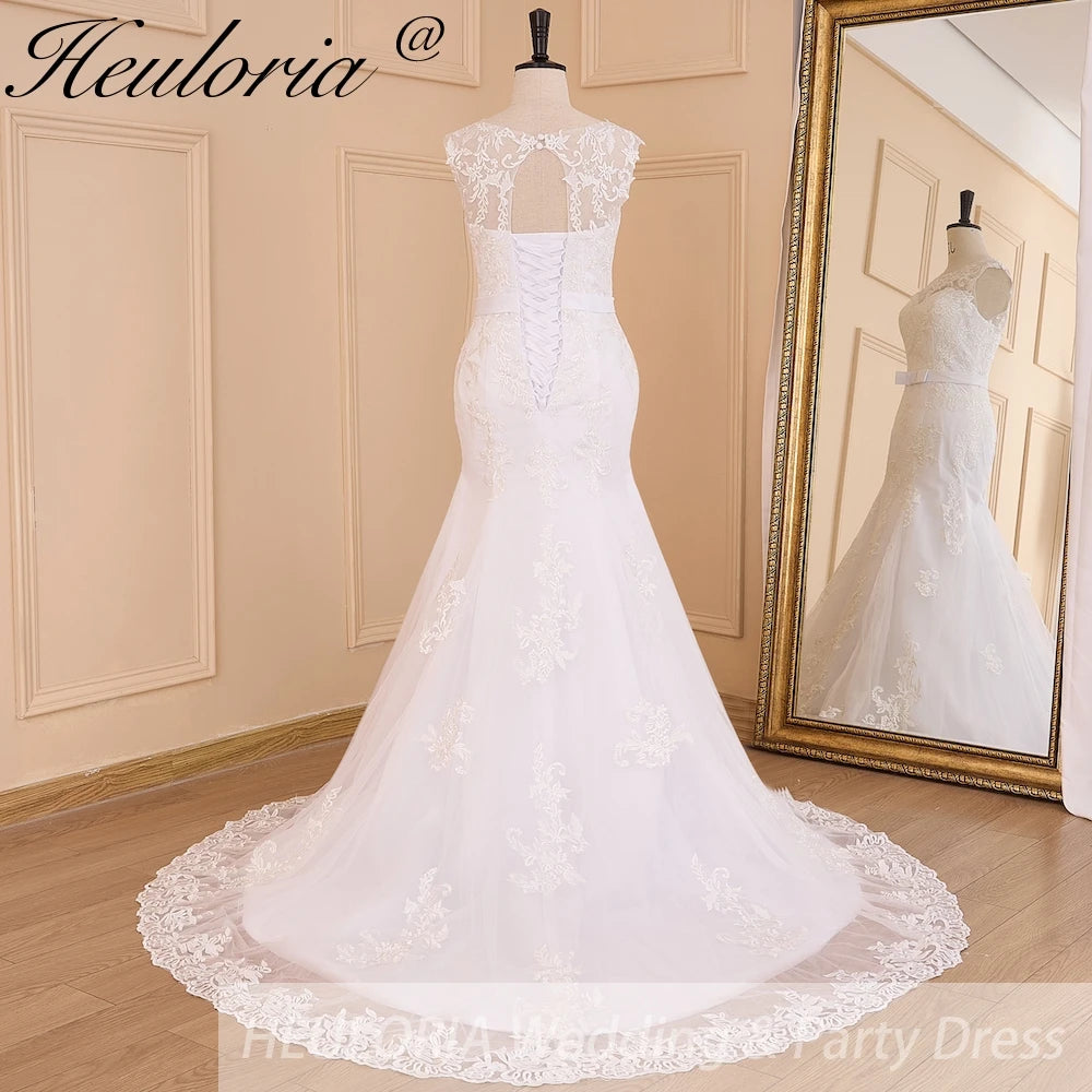 HEULORIA elegant Mermaid Wedding Dresses O neck lace applique Bride dres Robe de mariage customize ME-619