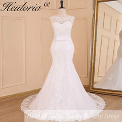 HEULORIA elegant Mermaid Wedding Dresses O neck lace applique Bride dres Robe de mariage customize ME-619
