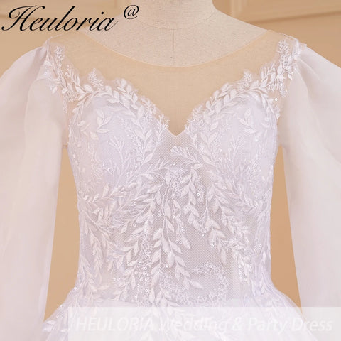 HEULORIA elegant Princess wedding dress long puff sleeve lace applique bride dress Robe De Mariee Wedding Bride Dress long train